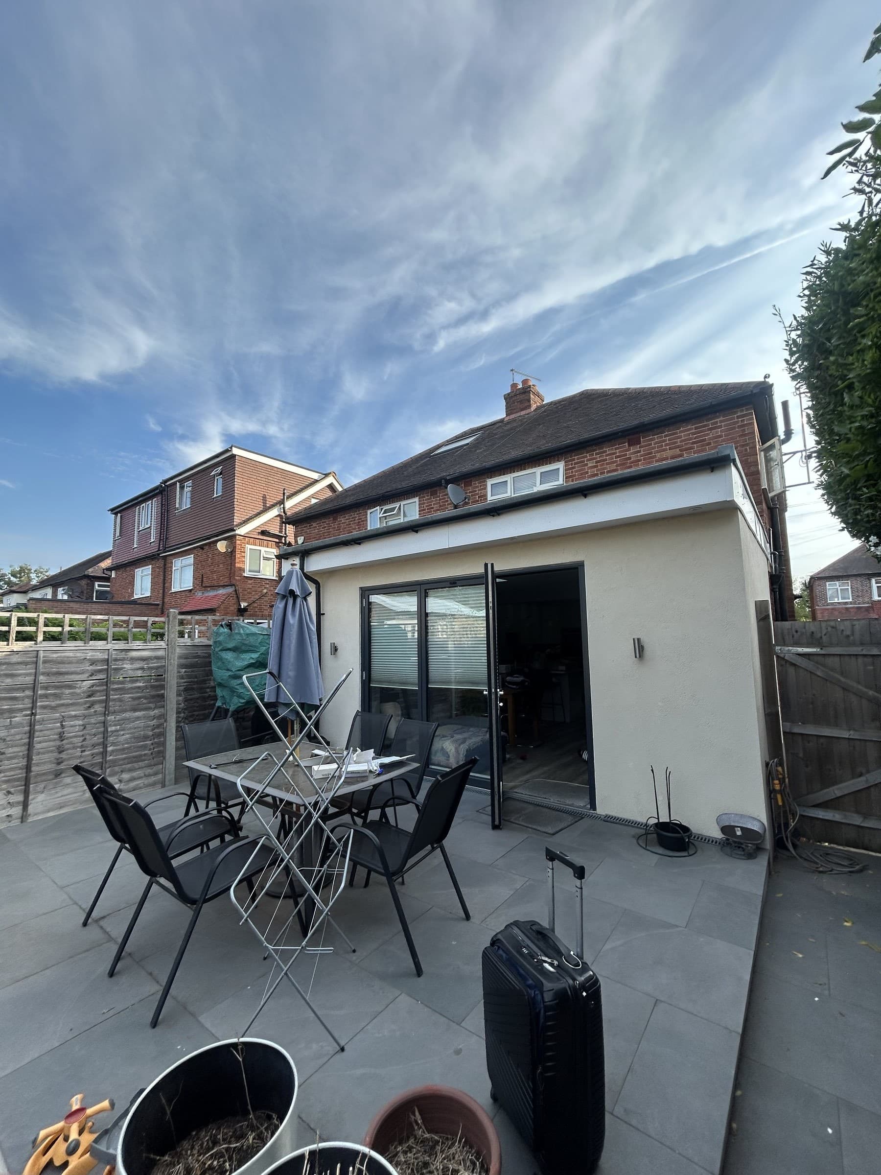Rear house extension with bifold doors and no awning fitted, before installation